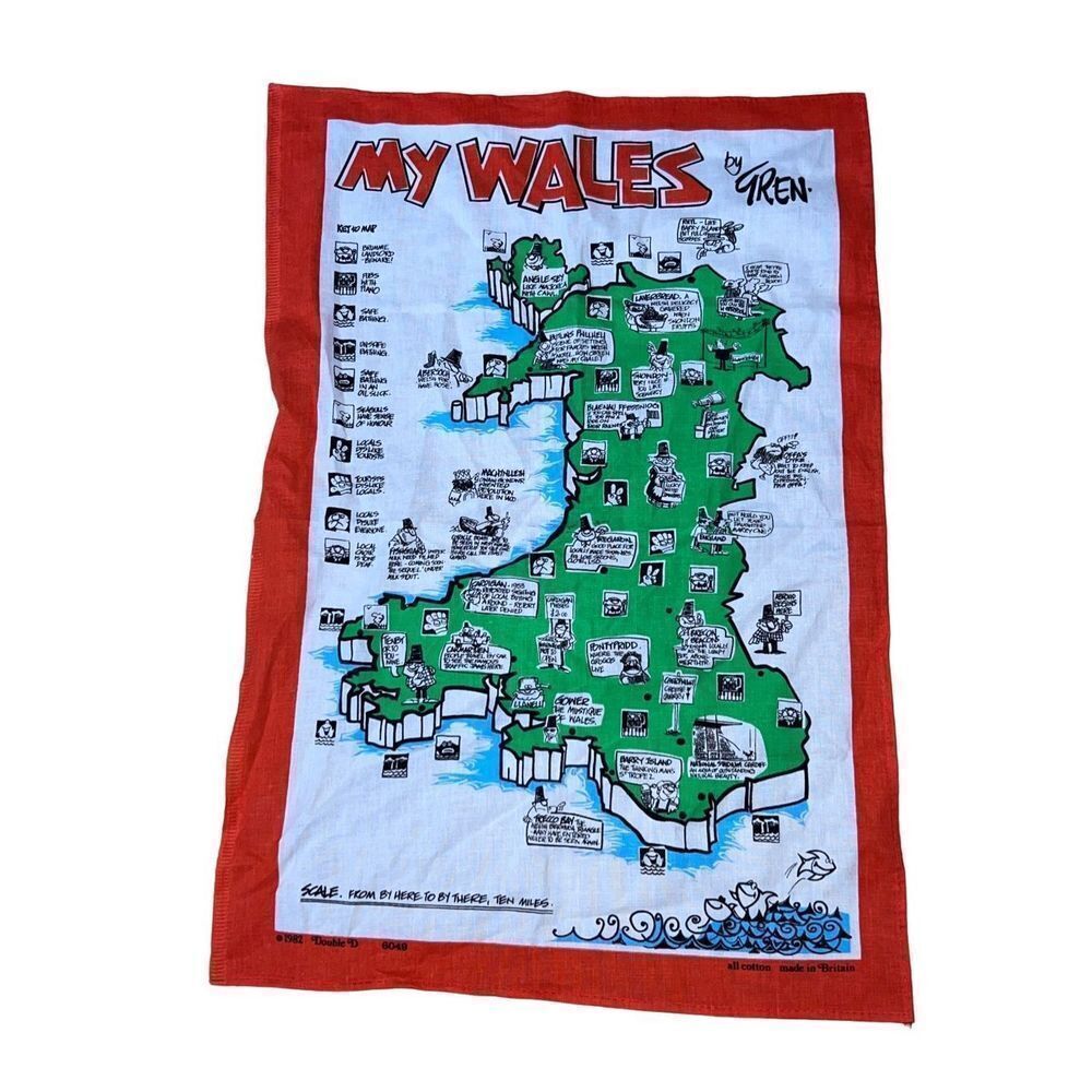 Vintage My Wales Caricature Map by Gren In a Linen Hanky NWOT